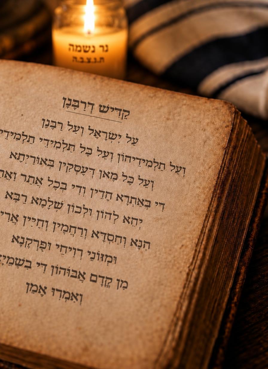 Kaddish DeRabbanan (Al Yisrael) printed in an old siddur, a tallit and candlestick blurred behind